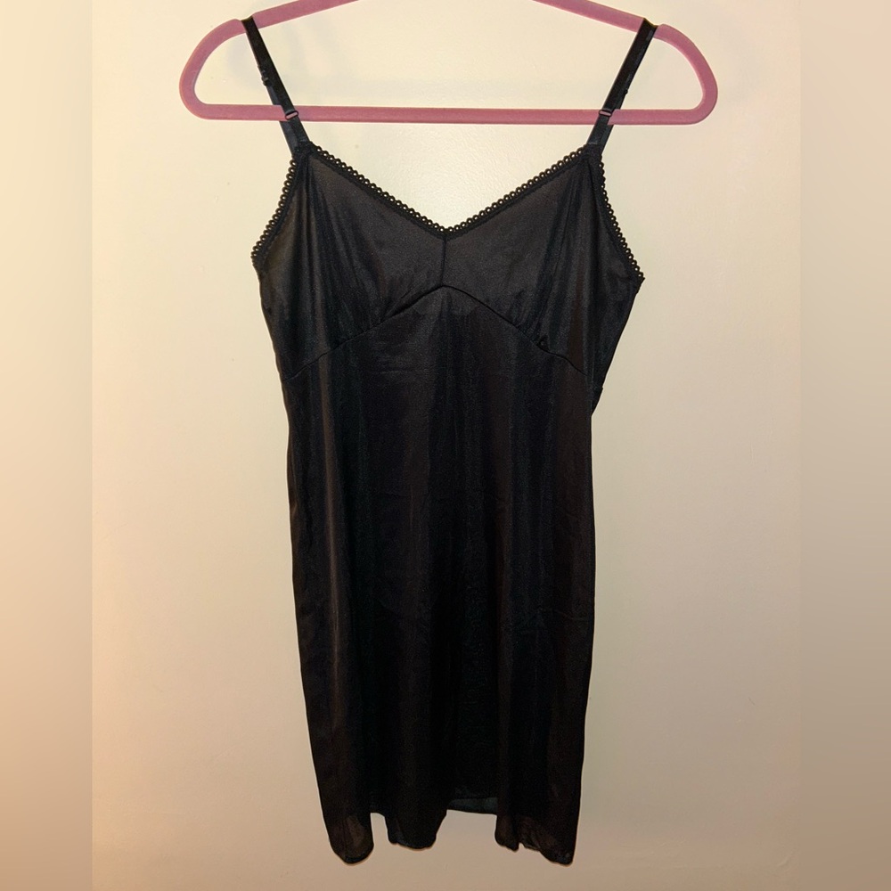 Vintage Black Satin Slip Mini Dress with Scallop Lace Trim